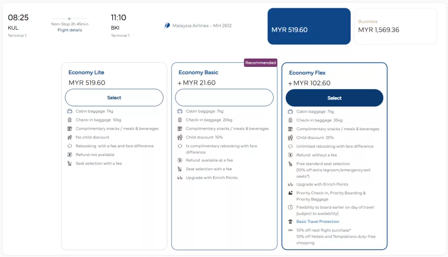 Malaysia Airlines - kelas tiket