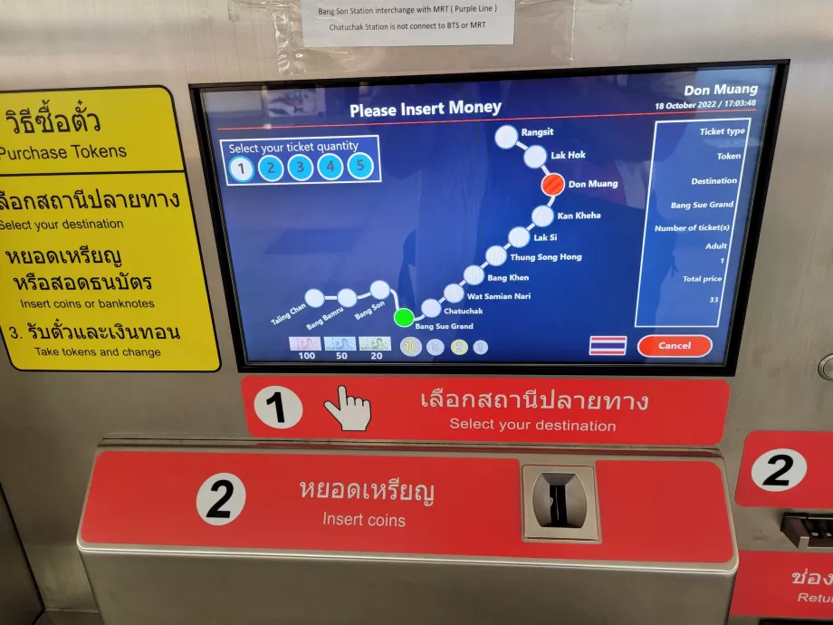 Detail pemilihan tiket (Bang Sue adalah terminal dari jalur bandara)