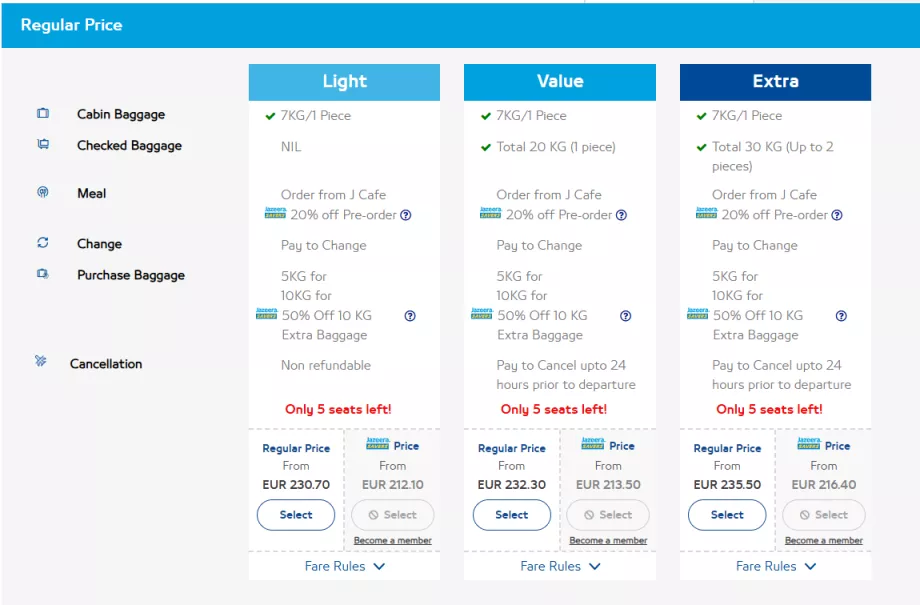 Kelas harga tiket Jazeera Airways