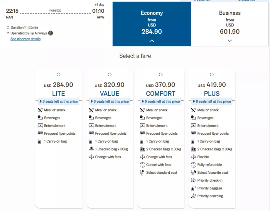 Tarif kelas ekonomi, Fiji Airways