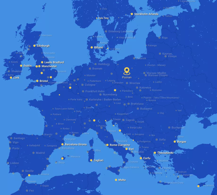 Peta rute Ryanair dari Poznan bandara POZ